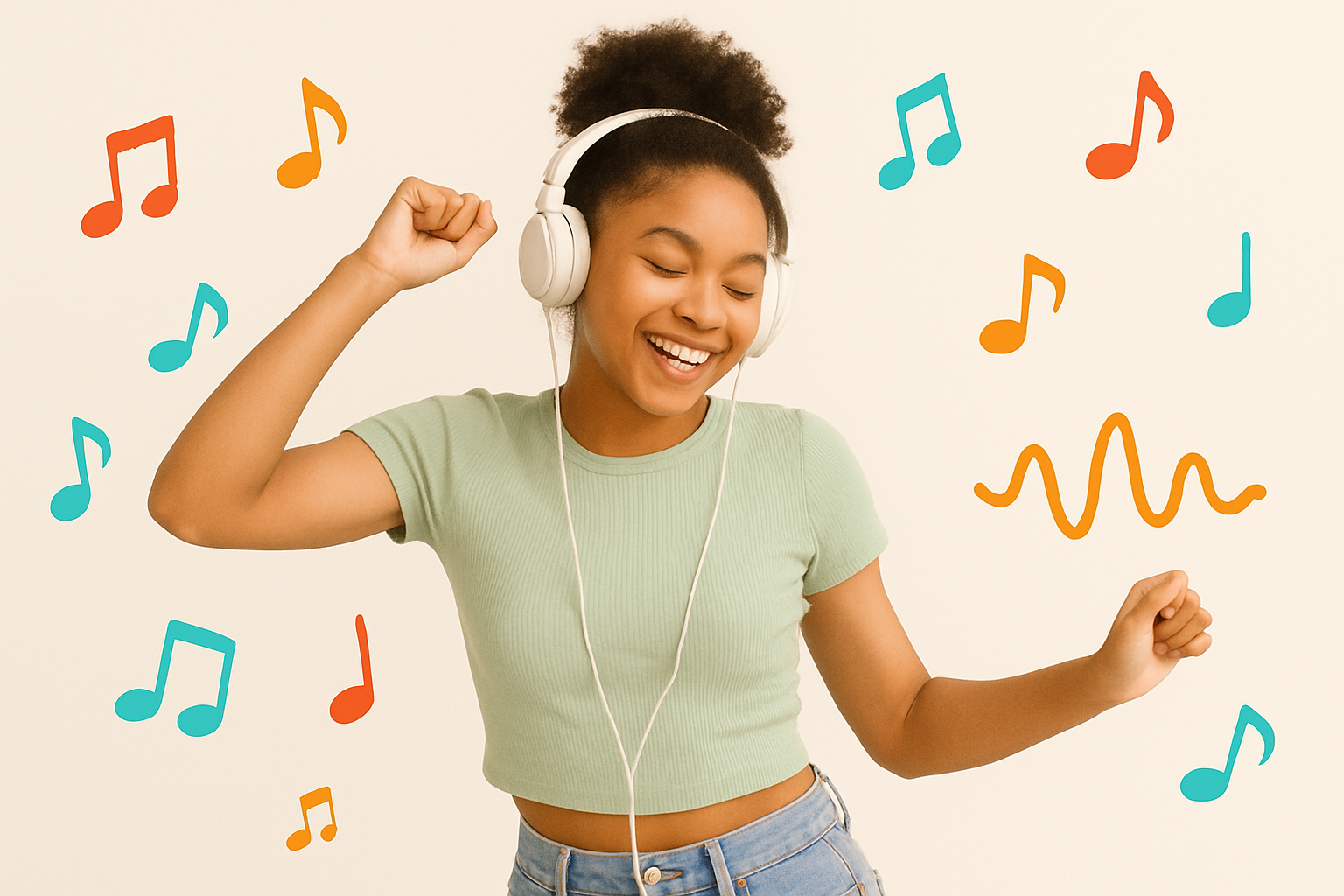 Person enjoying music with headphones surrounded by colorful music notes